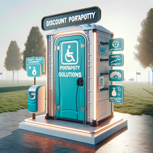  A modern, affordable portable toilet set in a clean, outdoor environment with hygiene symbols.