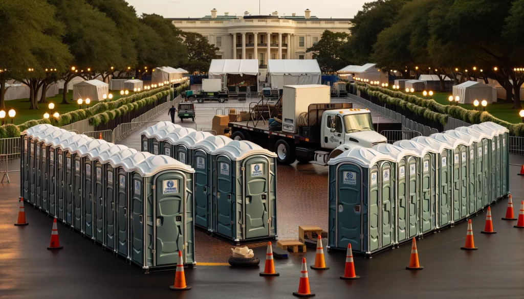 A row of clean porta potties at an outdoor event with a service truck in the background and event attendees nearby.